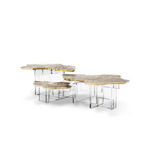 Mesa de centro contemporánea con base acrílica, mesa de centro de Monet con tapa de fundición de latón