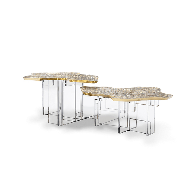 Mesa de centro contemporánea con base acrílica, mesa de centro de Monet con tapa de fundición de latón